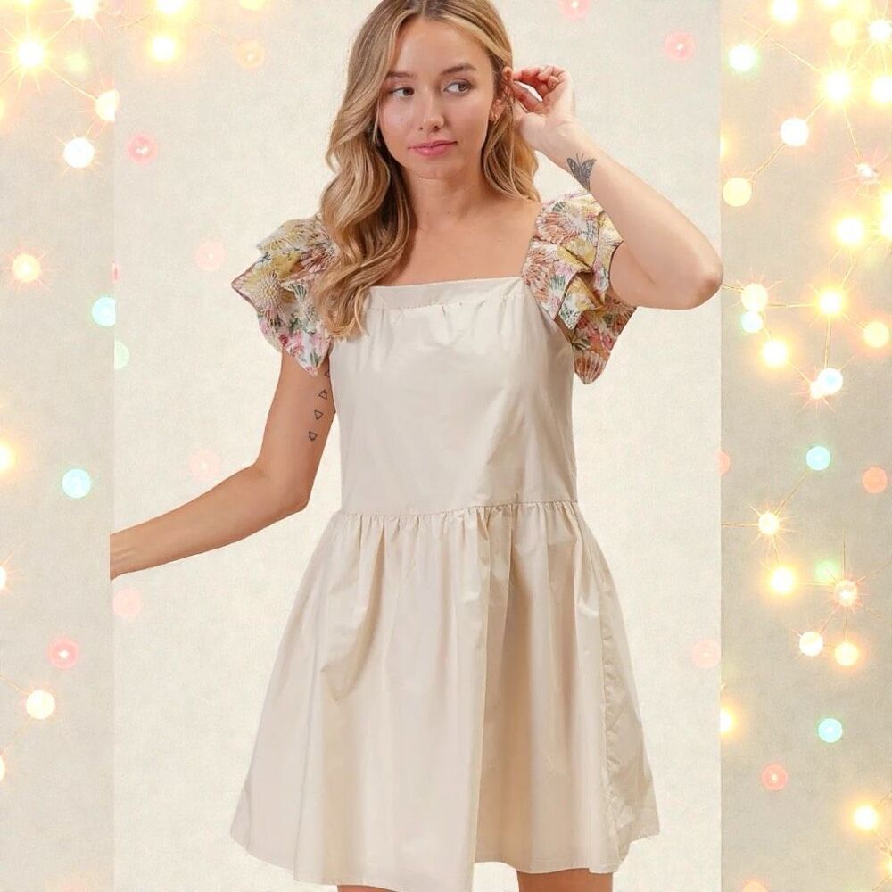 BiBi Floral Print Flutter Sleeve Babydoll Mini Dress Size XL NWT - Picture 2 of 14